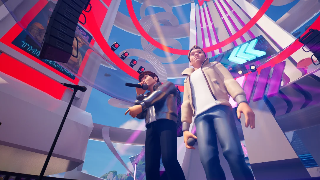 Marcus and Martinus performing inside their colourful Fortnite experience